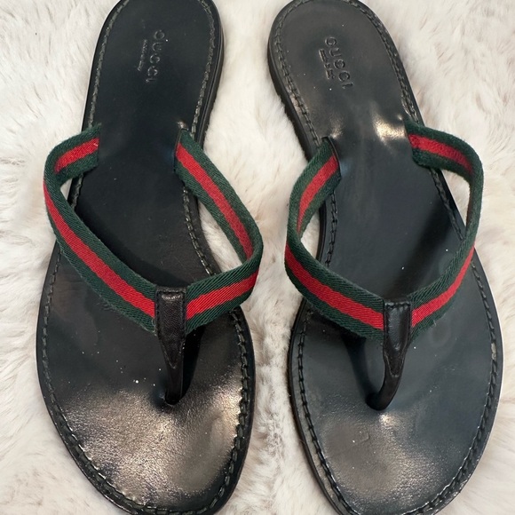 Gucci Shoes - Gucci Black Flip Flops with Red and Green Straps